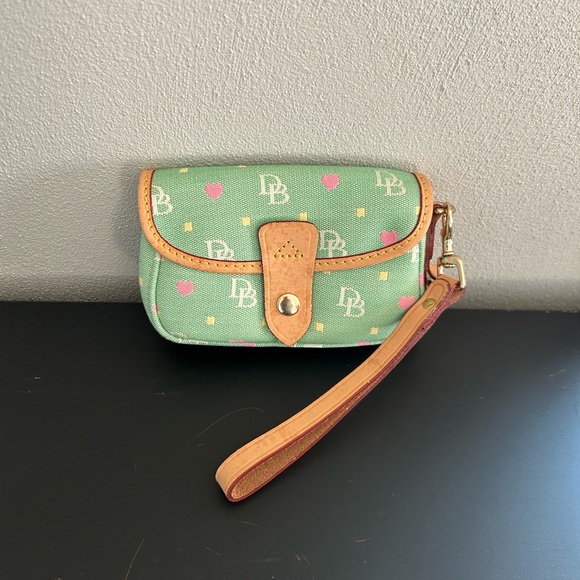 Dooney & Bourke Handbags - Dooney & Bourke Mint Green Canvas Monogram Vintage Wristlet Clutch